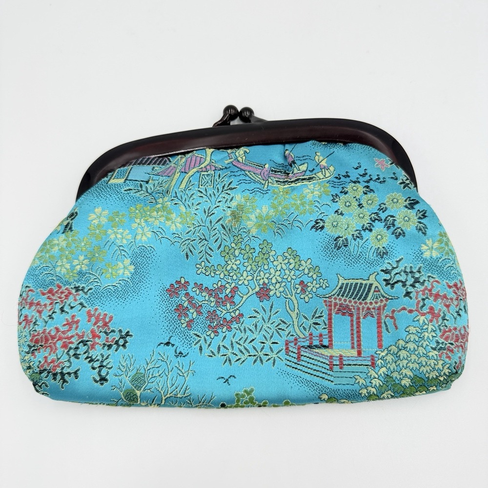 VTG Chinese Brocade Clutch Purse Turquoise Pagoda Floral Kiss Lock Handbag